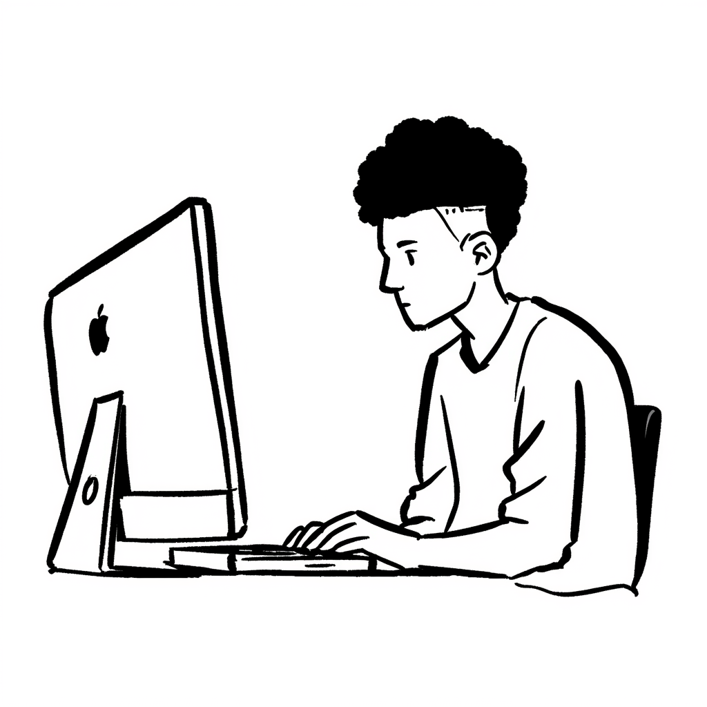 一個人在電腦前工作的插圖